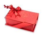 Vibrant red holiday chocolate gift box with gold accents, ribbon, and festive bow for Christmas or New Year's celebrations.