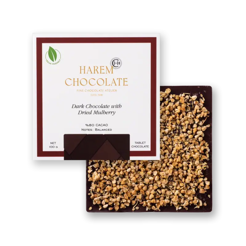 Premium dark chocolate with dried mulberry, 80% cacao, and vegan-friendly, handcrafted in Turkey, perfect for gourmet chocolate lovers and gift-giving.