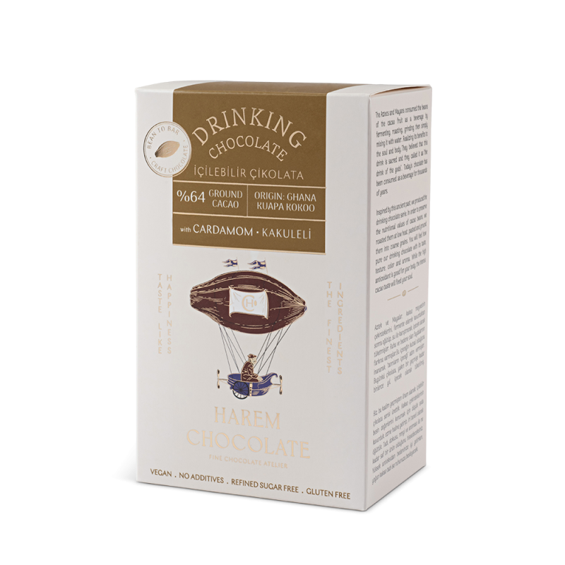 Delicious drinking chocolate bar with Cardamom from Ghana, made with 64% ground cacao, featuring refined sugar-free and gluten-free ingredients, perfect for gifting or indulging.
