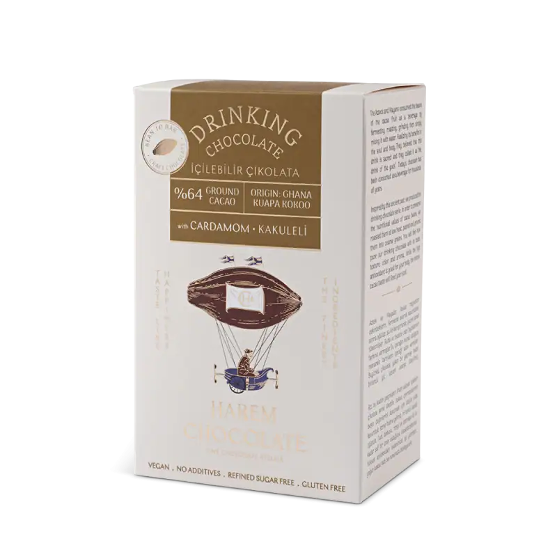 Luxurious Turkish drinking chocolate with cardamom, handcrafted from Ghana cocoa, gluten-free, vegan, and infused with traditional flavors for a rich, aromatic experience. Fast shipping from Turkey.
