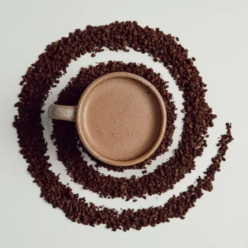 Chocolate coffee cup surrounded by coffee granules, creating a spiral pattern on a white background. Perfect for online shopping of Turkish coffee products with fast shipping.