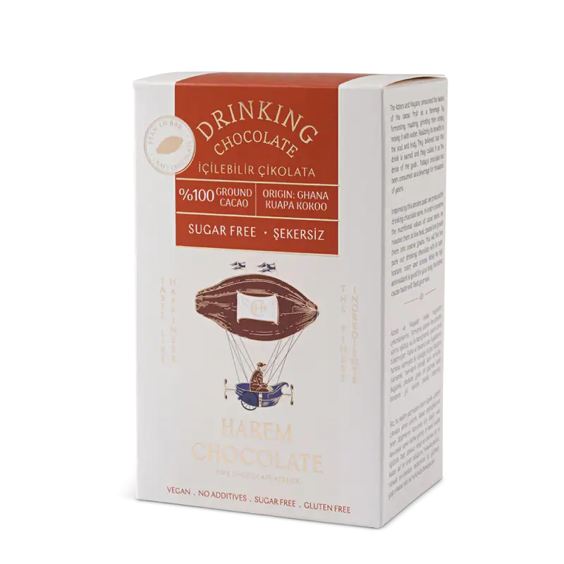 Delicious sugar-free drinking chocolate made from Ghanaian Cacao, origin Kuapa Kokoo, in eco-friendly packaging, perfect for vegan and gluten-free dietary needs.
