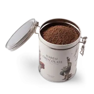 Finely ground Turkish harem chocolate in decorative tin can with artistic label, perfect for authentic Turkish confectionery and gifts, fast shipping from Turkey.
