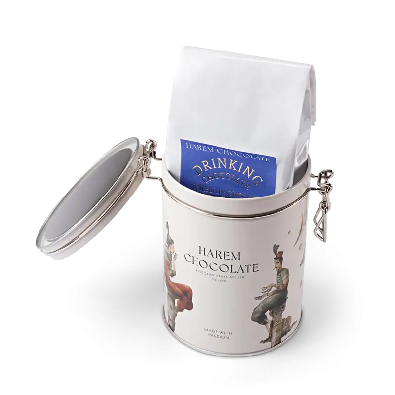 Harem Chocolate drinkable chocolate in stylish tin container with artistic design, perfect as a gift or treat, fast shipping from Turkey.