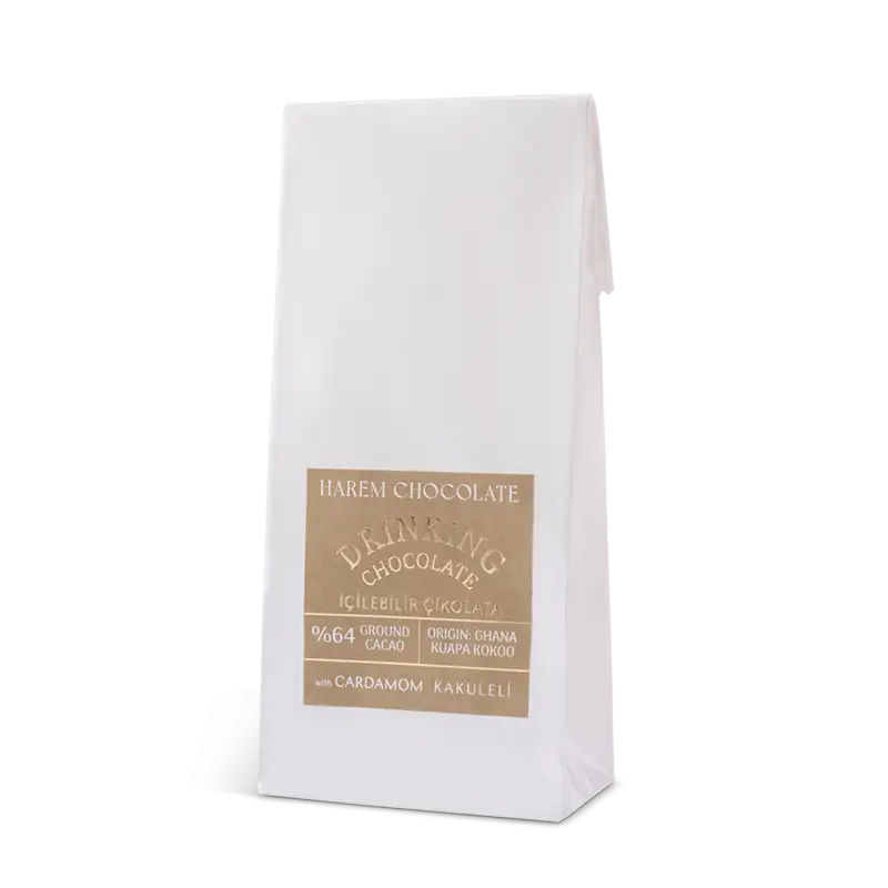 Premium Turkish drinking chocolate with 64% cacao, original Ghana cocoa, and cardamom flavor, offered for fast shipping from Turkey. Perfect for indulgent hot chocolate treats.