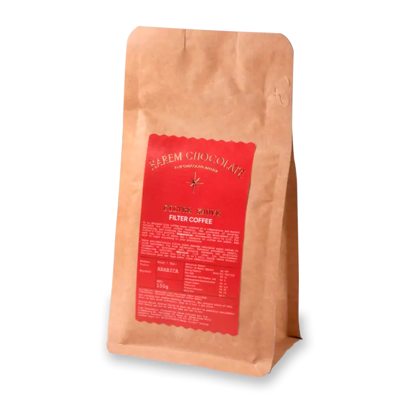 Rich roasted filter coffee in a brown paper bag with red label, from Turkey, offering fast shipping and high-quality beans for coffee lovers.