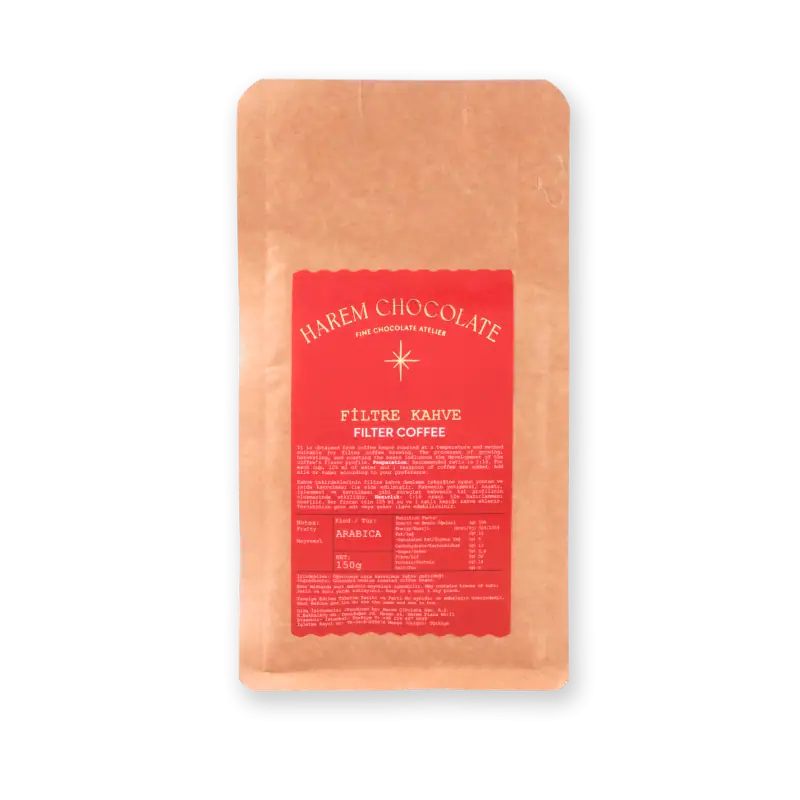 1. Package of Harem Chocolate Filter Coffee in brown paper bag with red label, featuring product details and nutrition facts.