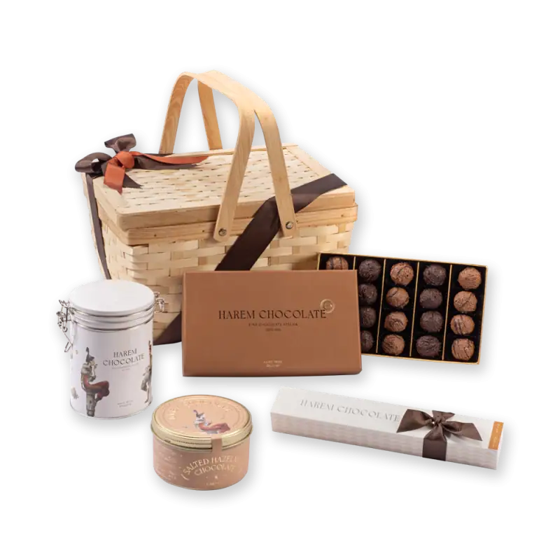 Luxurious Turkish chocolate gift set in a wicker basket with assorted pralines and elegant packaging, perfect for gifting or indulgence from Shop of Turkey.