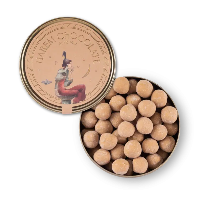 Delicious Turkish nougat candies in a round tin with artistic label, perfect for gifting or savoring authentic Turkish sweets. High-quality, flavorful, and crafted with traditional recipes.