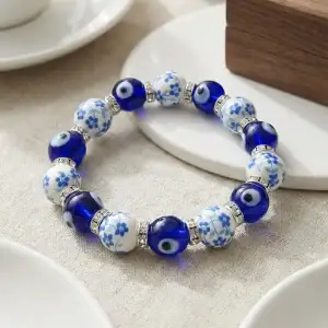 Handmade Blue Evil Eye & Floral Porcelain Bead Bracelet with Sparkle Spacers
