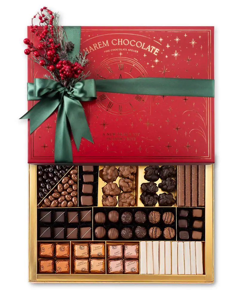 Delicious Turkish chocolates in a festive gift box with a green ribbon and holiday decoration, perfect for holiday gifting, featuring a variety of rich, handcrafted chocolates.