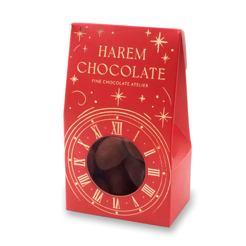 Delicious Turkish Harem Chocolate in festive red packaging with clock design, perfect for gifting and celebrations. Fast shipping from Turkey available.
