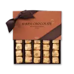 Luxurious Harem Chocolate gift box with gold-wrapped chocolates, brown ribbon, and elegant packaging, perfect for gourmet treats and special occasions from Turkey.