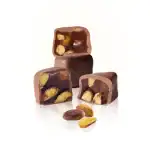 Rich Turkish chocolate coated with pistachios, filled with praline and caramel, perfect for gourmet sweet lovers.