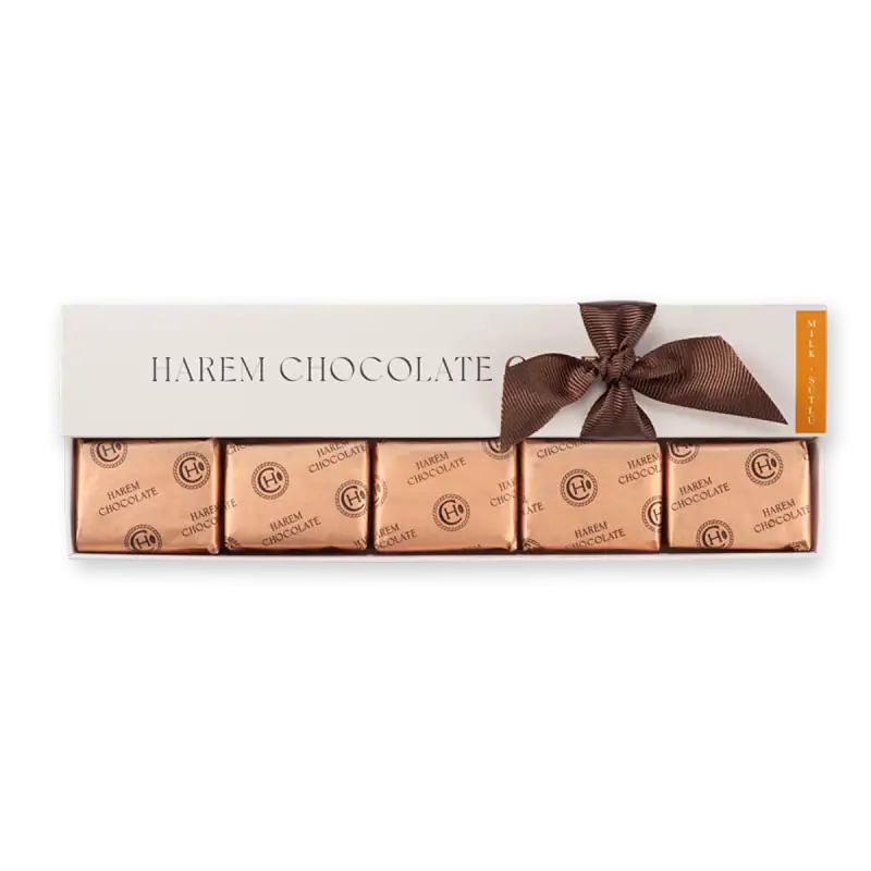 Delicious Turkish Harem Chocolate assortment in elegant packaging with a brown ribbon, perfect for gifting or personal indulgence, featuring luxurious flavors from Turkey.