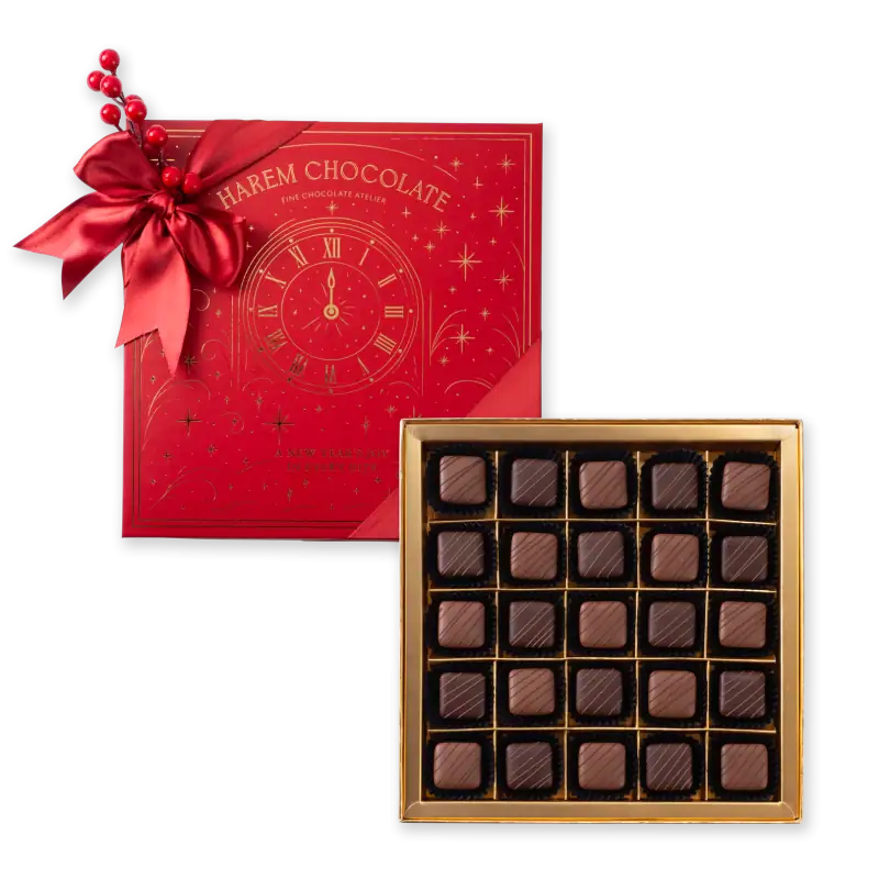 1. Luxurious Turkish chocolates gift box with 25 assorted chocolates, festive red packaging, and elegant design, perfect for holiday gifting.