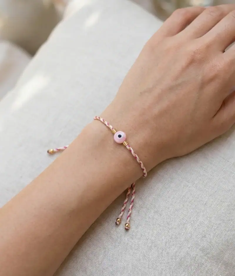 Minimalist Pink Evil Eye Braided Bracelet - Gold Accented