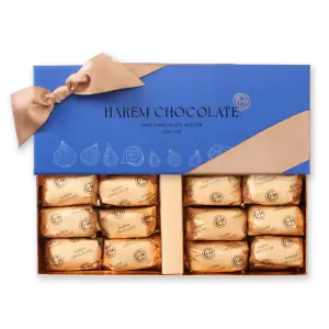 Luxurious blue box of Harem Chocolate with gold wrapping and ribbon, offering fine Turkish chocolates with fast shipping from Turkey. Perfect gift for chocolate lovers.