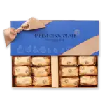 Elegant blue gift box of Harem Chocolate with beige ribbon and individually wrapped chocolates, perfect for gifting. Enjoy high-quality Turkish chocolates with fast shipping from Turkey.