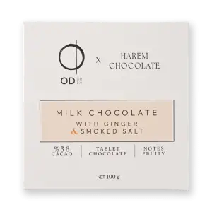 Smooth white chocolate bar with ginger and smoked salt, 36% cacao, fruity notes, 100g package from Turkey Shop.