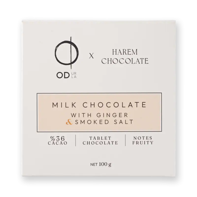 Smooth white chocolate bar with ginger and smoked salt, 36% cacao, fruity notes, 100g package from Turkey Shop.