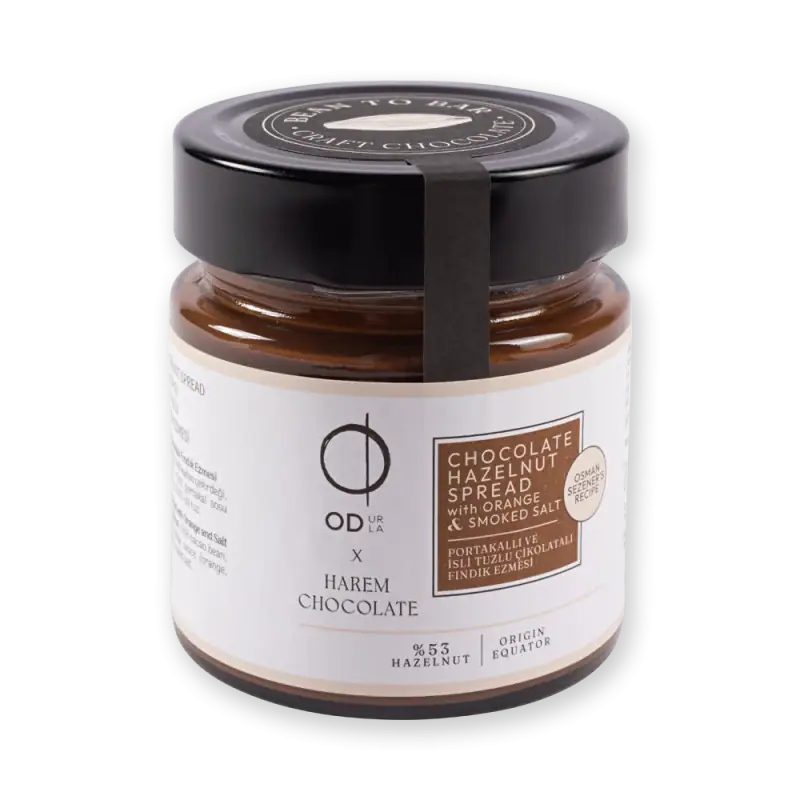 Smooth chocolate hazelnut spread with orange and smoked salt, crafted with quality ingredients from Turkey, perfect for spreading on bread or as a dessert topping.