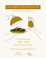 1. Hand-drawn illustration of olive oil, chocolate, and a plate of Turkish delicacies, promoting a tasting event with fast shipping from Turkey.