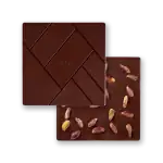 1. Luxurious dark chocolate bar with pistachio nuts, featuring a sleek, geometric design, perfect for gifting or indulgence.