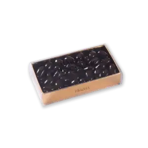 Dark chocolate-covered almonds in a transparent box labeled "Harem Chocolate" by Brages Bragees. Perfect for gifting or enjoying a luxurious treat from Turkey.