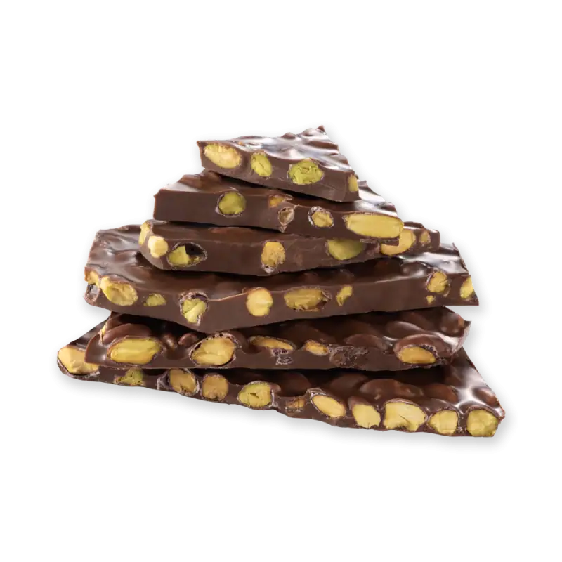 Rich chocolate bark with pistachios stacked in a pyramid shape, perfect for gifting or enjoying a Turkish sweet treat, featuring high-quality ingredients and fast shipping from Turkey.