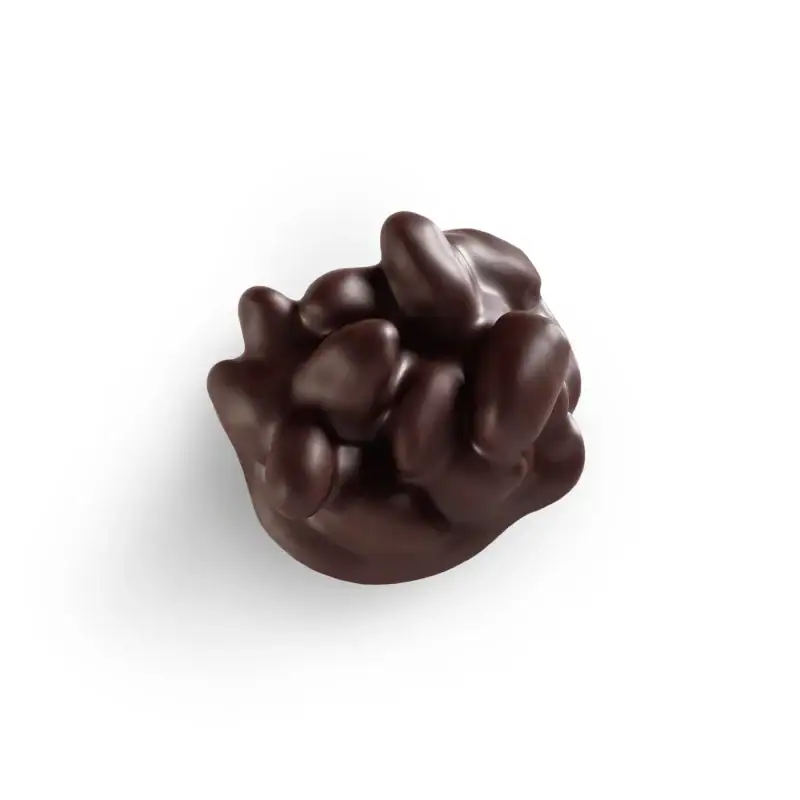 Dark chocolate cluster with a glossy finish, shaped like a cluster of beans, perfect for sweet cravings.