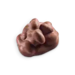 1. A close-up of a unique, irregular-shaped chocolate confection with a smooth, glossy surface.