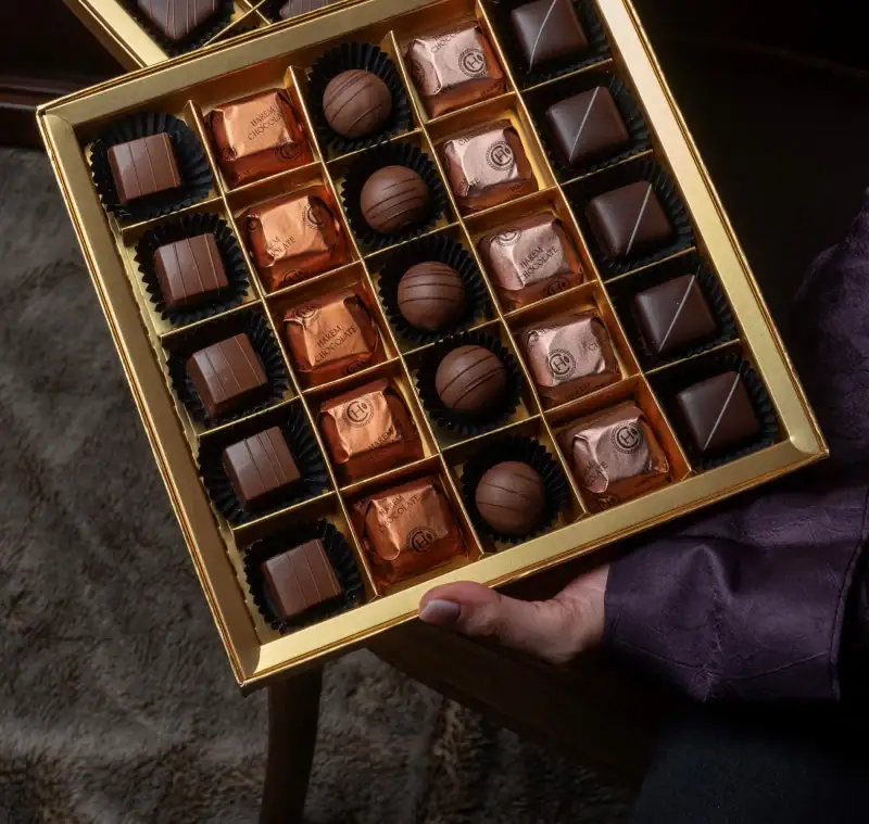 Rich assortment of luxurious Turkish chocolates in a gold gift box, featuring assorted pralines and truffles, perfect for gifting or indulgence.