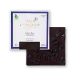 Premium vegan dark chocolate bar with raisins, 100g, gluten-free, no sugar added, and raw cacao from Turkey, ideal for healthy snacking or gourmet gift.
