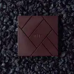 Dark chocolate palette with geometric design and embossed “H” on surface, surrounded by dried black mulberries, ideal for gourmet, gift, or luxury packaging.