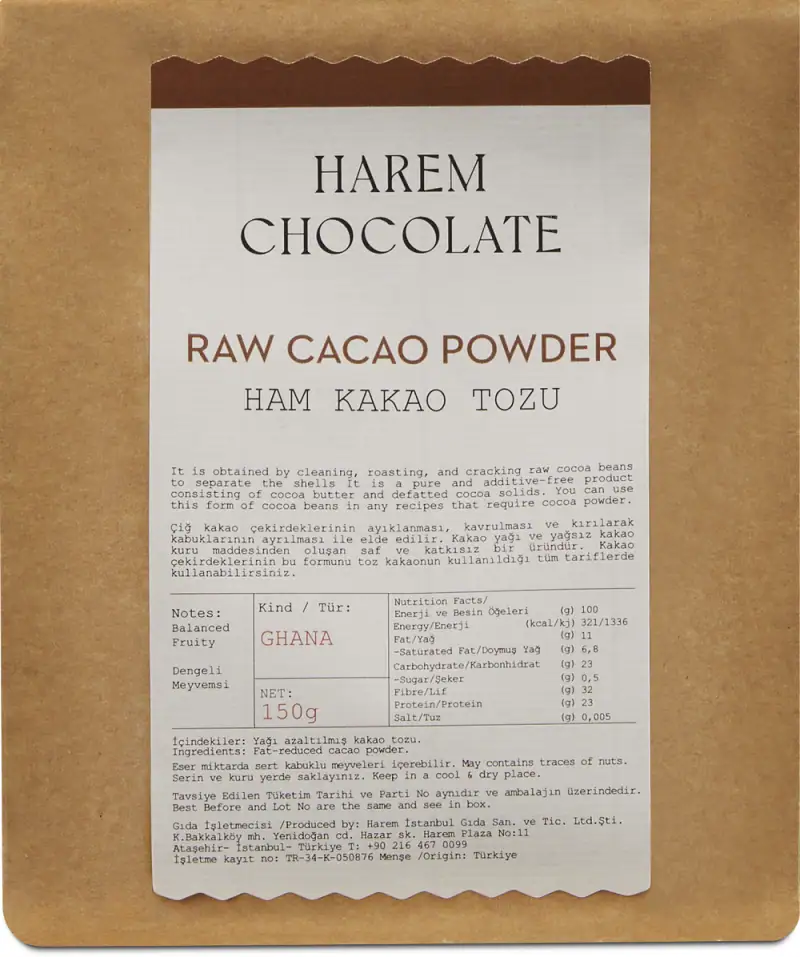 Raw cacao powder from Turkey, made from cleaned, roasted, and cracked cocoa beans, ideal for baking and recipes; packaged by Harem Istanbul Gida San. and Tic. Ltd. Şti. with fast shipping.