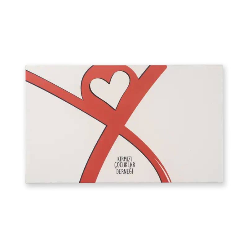 1. Red and white box with a heart design, promoting Turkish children's charity organization, Kırmızı Çocuklar Derneği, emphasizing love and care for children in Turkey.