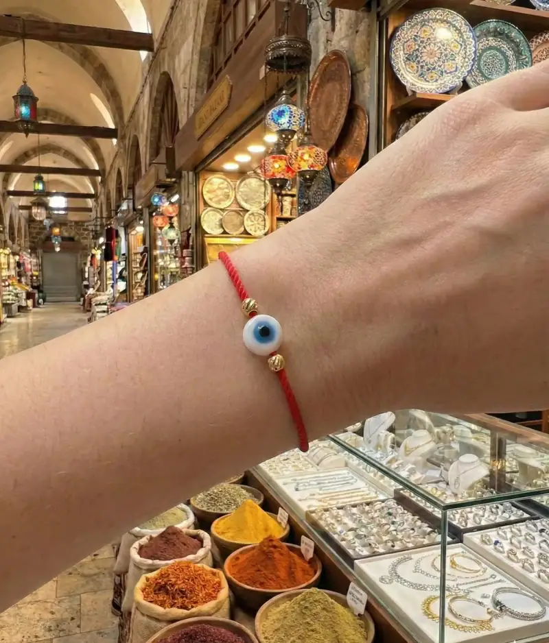 Minimalist Red Cord Evil Eye Bracelet with Gold Accents - Adjustable Protection Bracelet