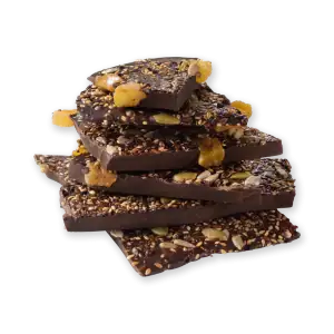 Rich dark chocolate bark with mixed nuts, seeds, and candied ginger, perfect for gifting or indulging. Enjoy premium quality Turkish chocolate with fast shipping from Shop of Turkey.