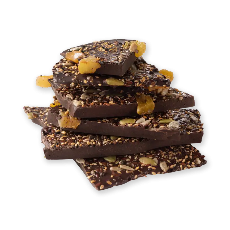 Decadent Turkish dark chocolate with mixed nuts and seeds, stacked beautifully for a rich, crunchy treat. Perfect for gifting or indulgence.