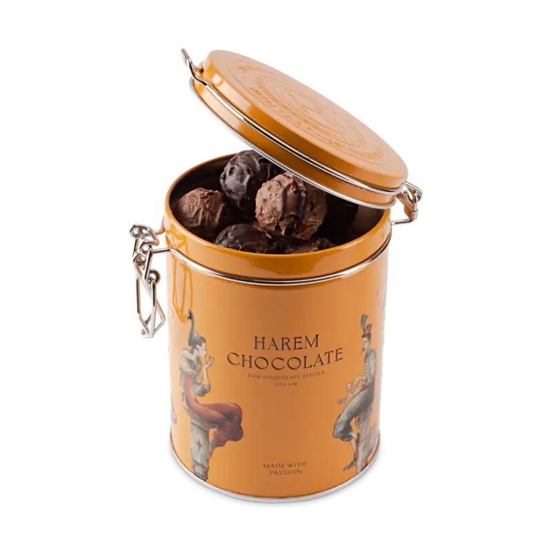 Delicious Turkish handmade chocolates in a stylish orange container, perfect for gift-giving or personal indulgence. Fast shipping available from Turkey.