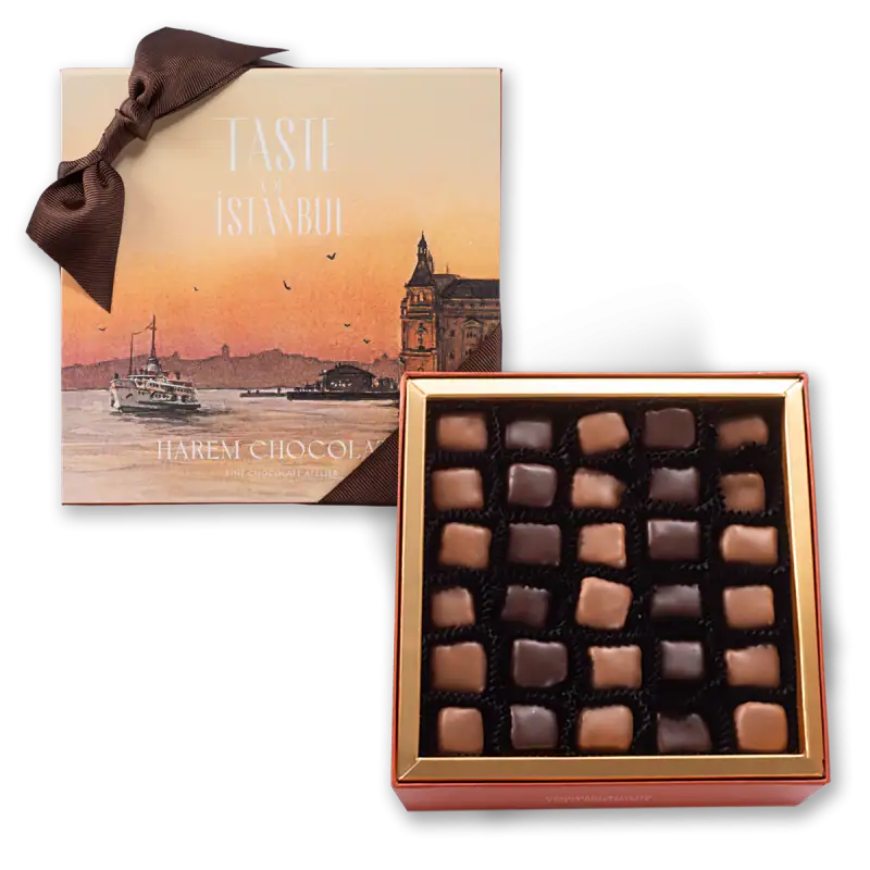Luxurious Turkish chocolate box with assorted handcrafted chocolates, beautifully packaged with Istanbul's skyline artwork, perfect for gifts or indulging in authentic flavors from Turkey.