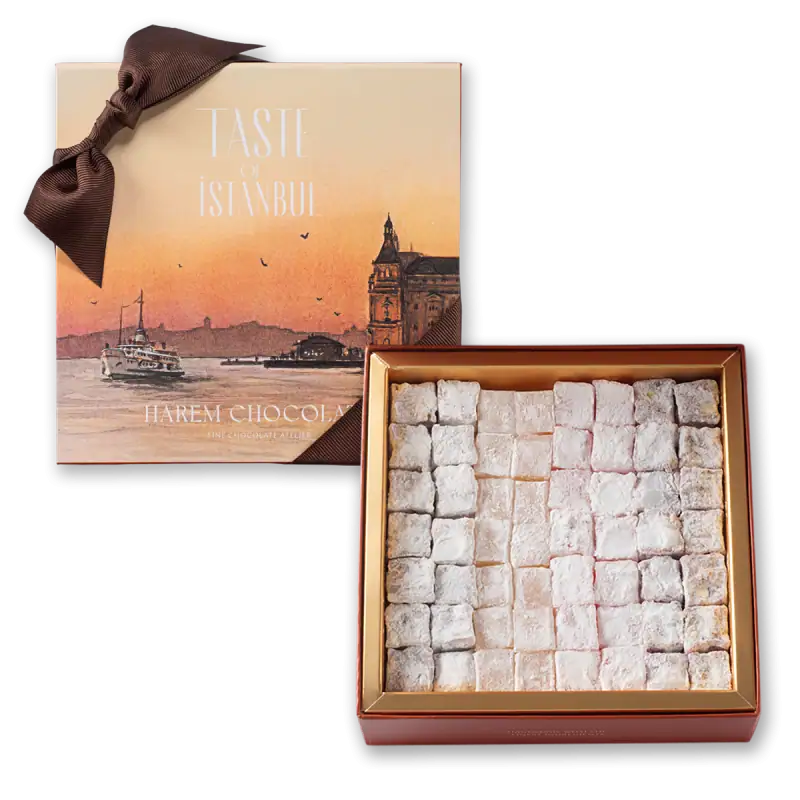 1. Assorted Turkish delight candies in a luxurious box with a sunset Istanbul scene and a ribbon-tied gift package.