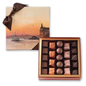 Golden box of assorted Turkish chocolates with elegant packaging.