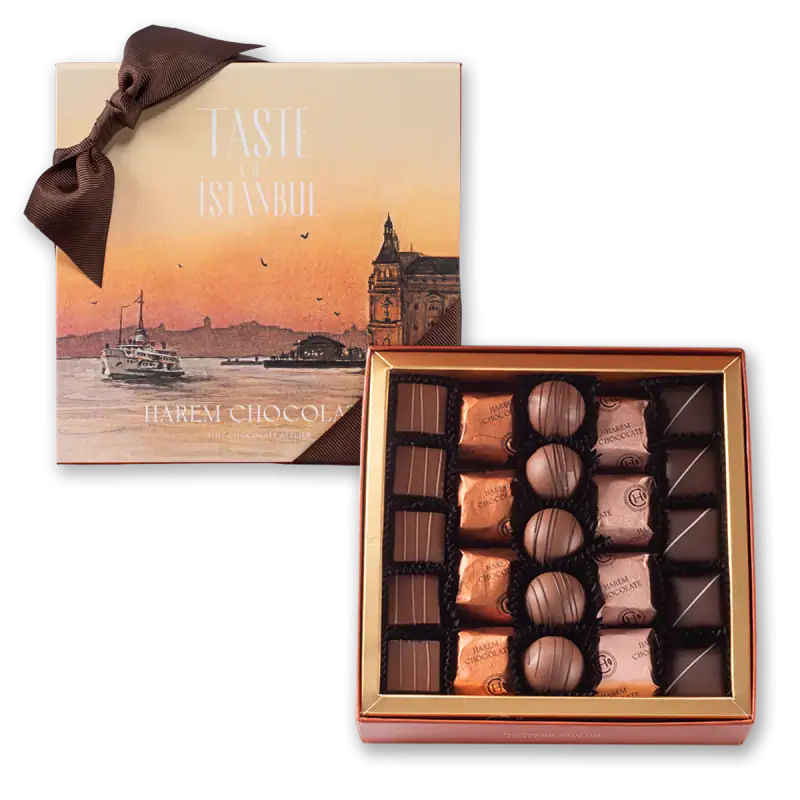 Golden box of assorted Turkish chocolates with elegant packaging.