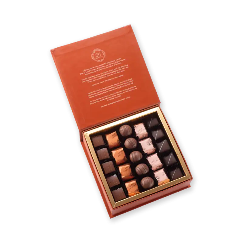 Delicious Turkish chocolates assortment in an elegant gift box with 25 pieces, featuring various flavors and beautiful packaging, perfect for gifting or enjoying a sweet treat.