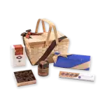 Luxurious Turkish chocolate gift set with a wicker basket, assorted chocolates, and caramel truffles, perfect for gifting or indulgence, with fast shipping from Turkey.