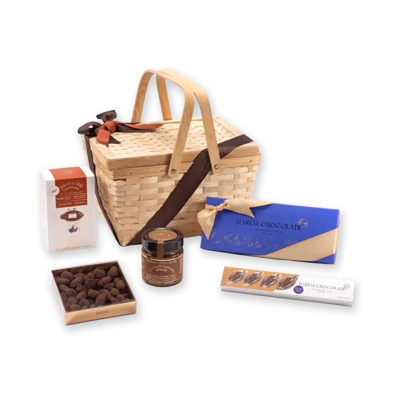 Luxurious Turkish chocolate gift set with a wicker basket, assorted chocolates, and caramel truffles, perfect for gifting or indulgence, with fast shipping from Turkey.
