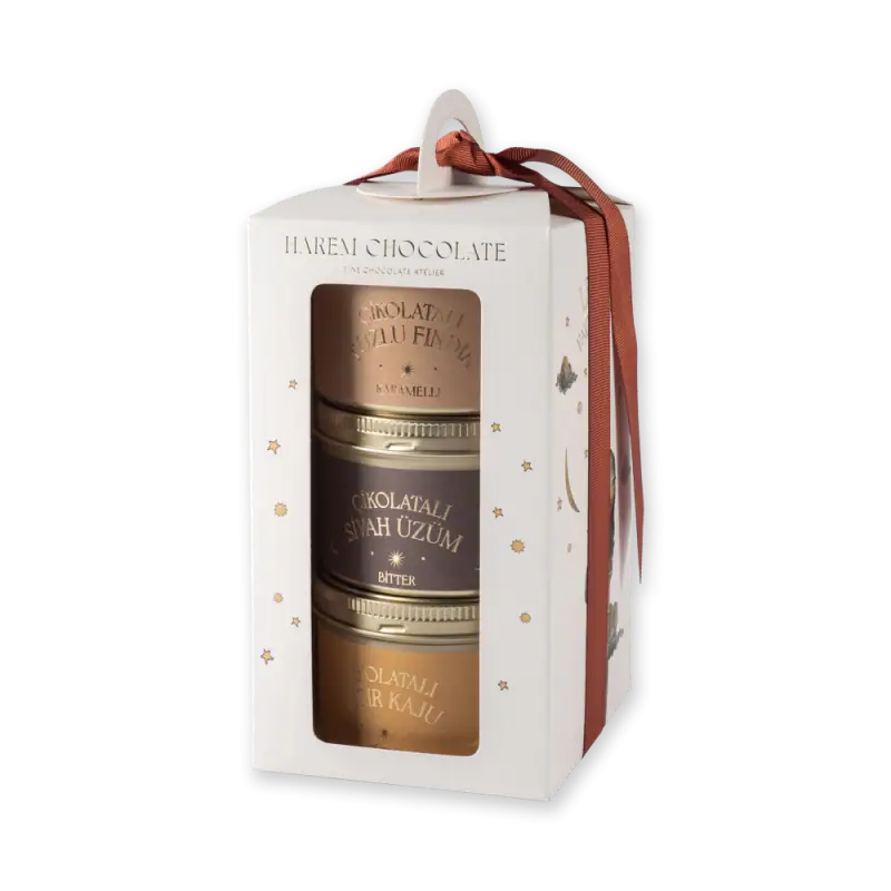 Delicious Turkish chocolate gift set with three flavor tins in elegant white box with brown ribbon, perfect for gifting and fast shipping from Turkey.