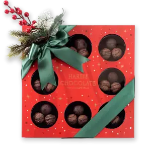 Delicious assorted Turkish chocolates in a festive red gift box with a green satin ribbon and holiday decoration, perfect for Christmas or special occasions.